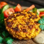 A close-up view of a golden-brown chickpea patty on a rustic wooden table, surrounded by fresh herbs like parsley and cilantro, with a side of vibrant, colorful vegetables like tomatoes, cucumbers, and bell peppers, drizzled with a cream